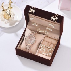 Set de regalo con perlas para mujer Reloj+pulsera+collar+aretes REL00071