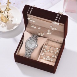 Set de regalo con perlas para mujer Reloj+pulsera+collar+aretes REL00071