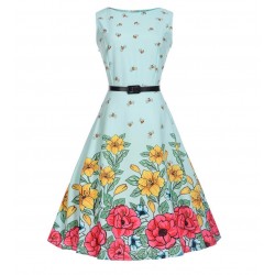 Vestido de fiesta con estampado floral sin mangas, estilo princesa, vestido de fiesta casual con cinturón VES00005A