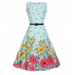 Vestido de fiesta con estampado floral sin mangas, estilo princesa, vestido de fiesta casual con cinturón VES00005A