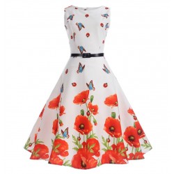 Vestido de fiesta con estampado floral sin mangas, estilo princesa, vestido de fiesta casual con cinturón VES00005B